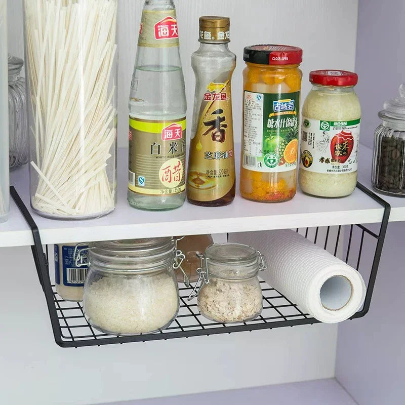 No-Drill Under-Table Hanging Iron Storage Basket & Shelf