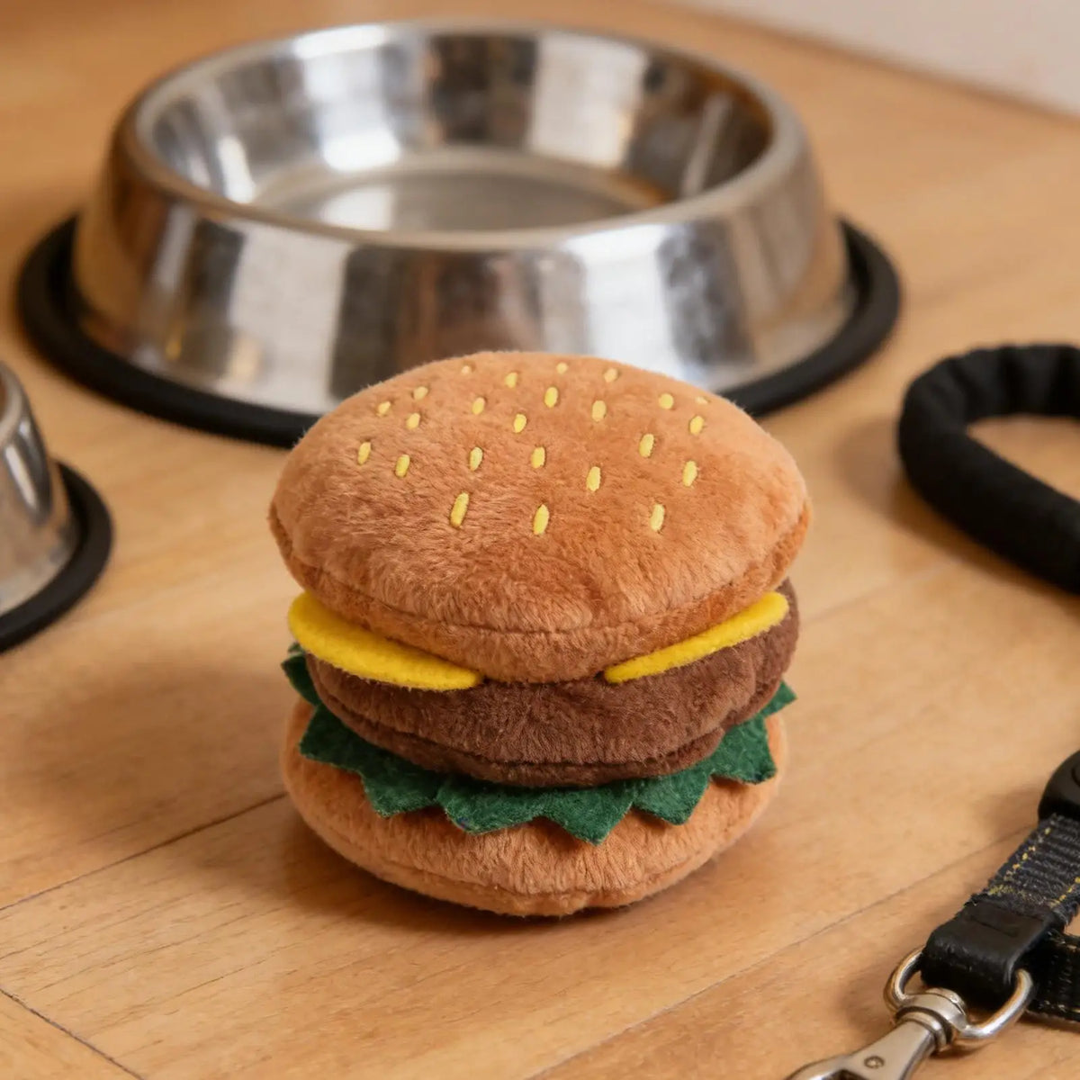 Squeaky Hamburger Dog Chew Toy – Soft Plush Puppy Teether