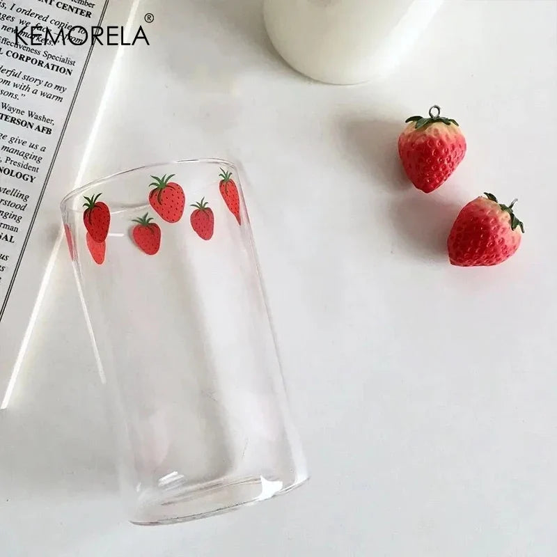 KEMORELA 300ml Cute Glass Cup – Strawberry Orange Design