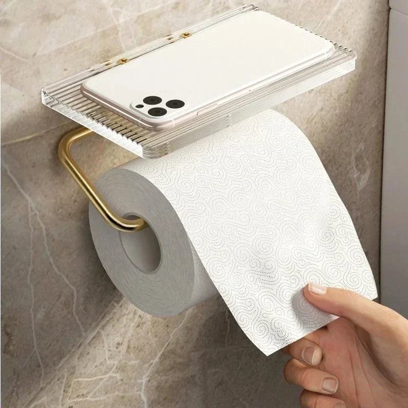 Gold Toilet Paper Holder with Shelf – No-Drill Acrylic Design