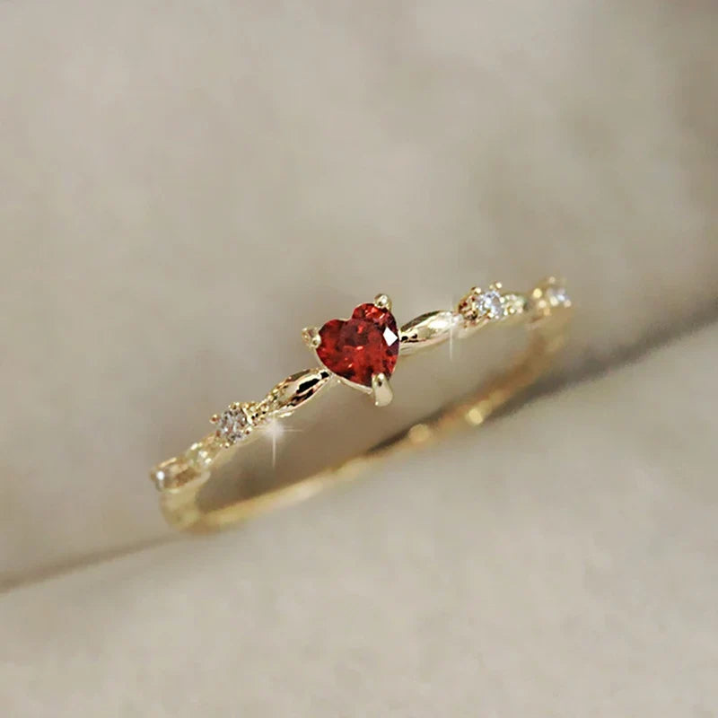 Huitan Red Heart CZ Ring – Gold Wedding Band for Women