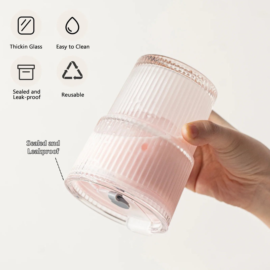 450ml Striped Glass Cups with Lid & Straw | Set of 1 or 2