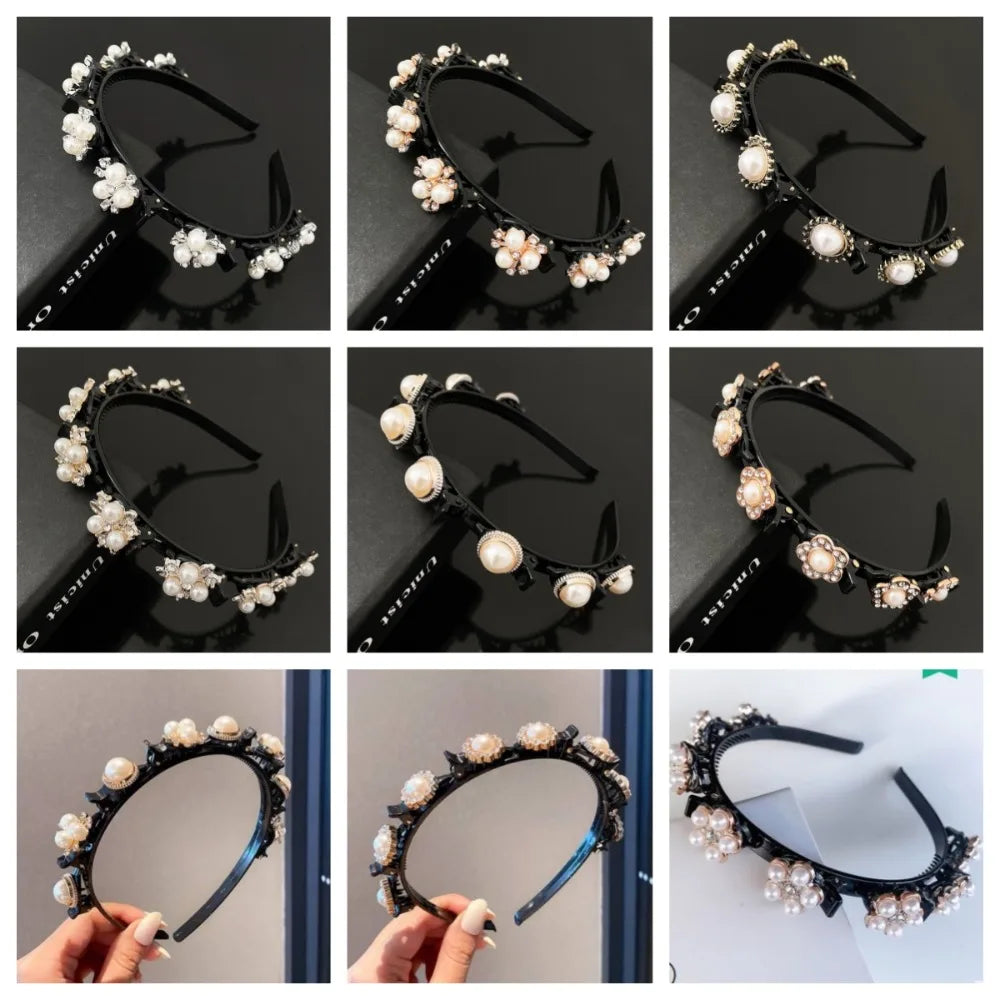 Rhinestone Pearl Flower Hair Braider Toothed Headband | Zircon