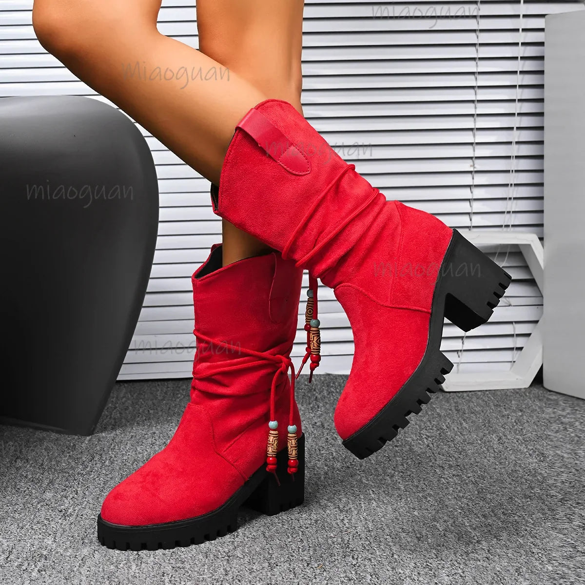 Women's Faux Suede Mid-Calf Boots – Chunky Heel Slip-On