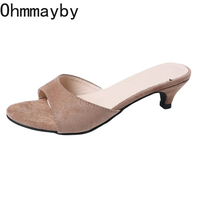 Women's Open Toe Suede Slide Slippers – Thin Heel Summer Shoes
