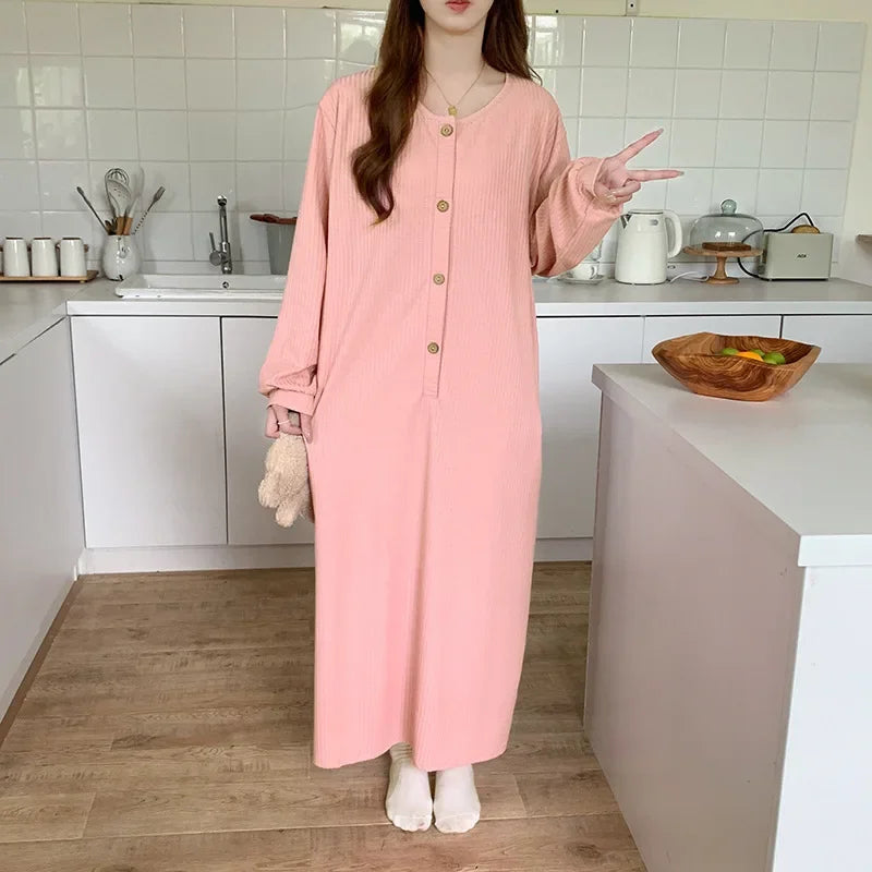 Women's Cotton Nightgown – Long Sleeve Ankle-Length Sleep Dress