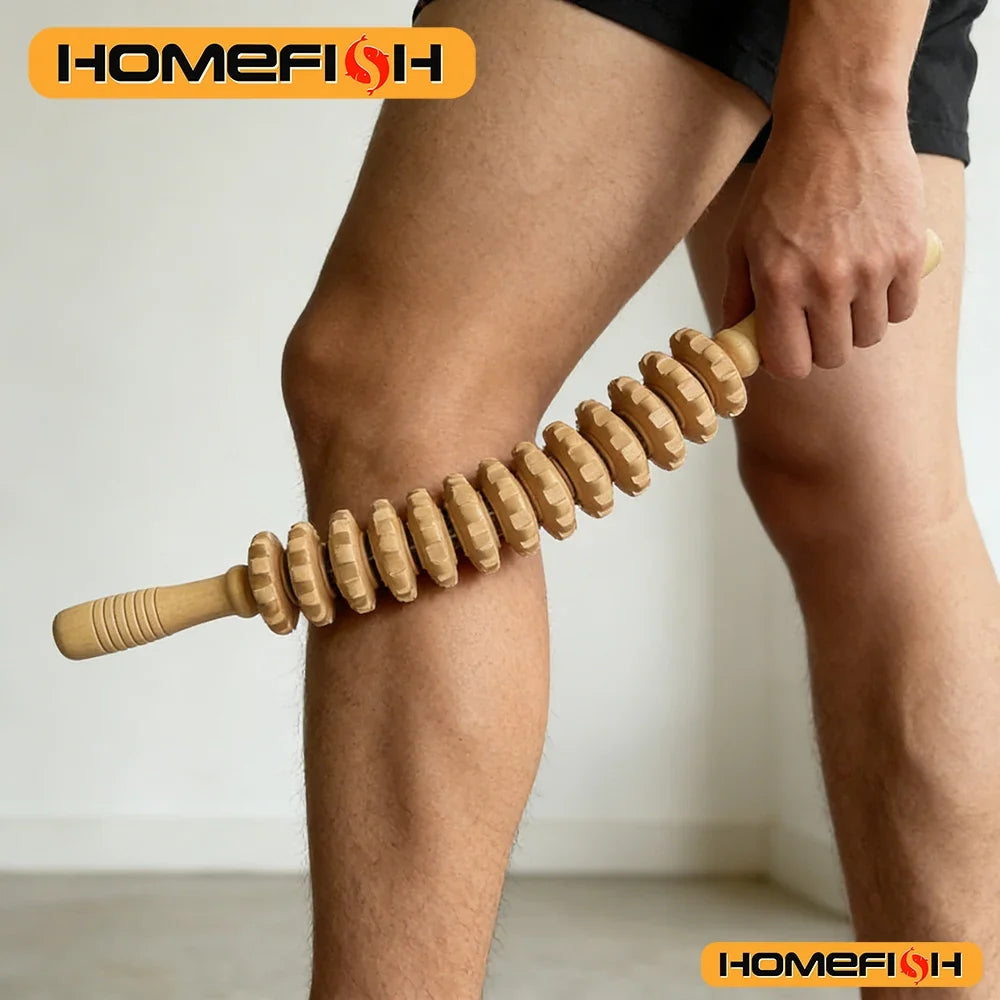 Anti-slip Handle Wooden Gear Arm Leg Hip Back Deep Massage Roller