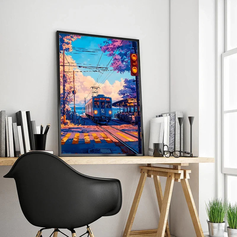 Japanese Anime Landscape Canvas Print | Tram Train Ocean Wall Art