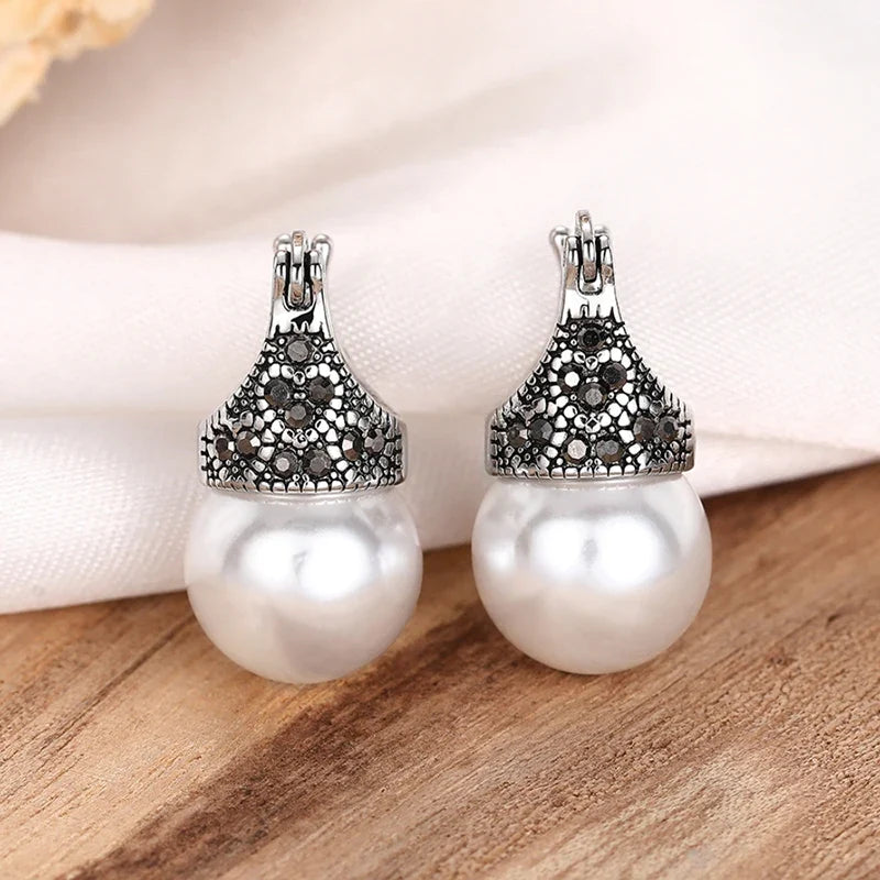Huitan Vintage Simulated Pearl Drop Earrings | Rhinestone Jewelry
