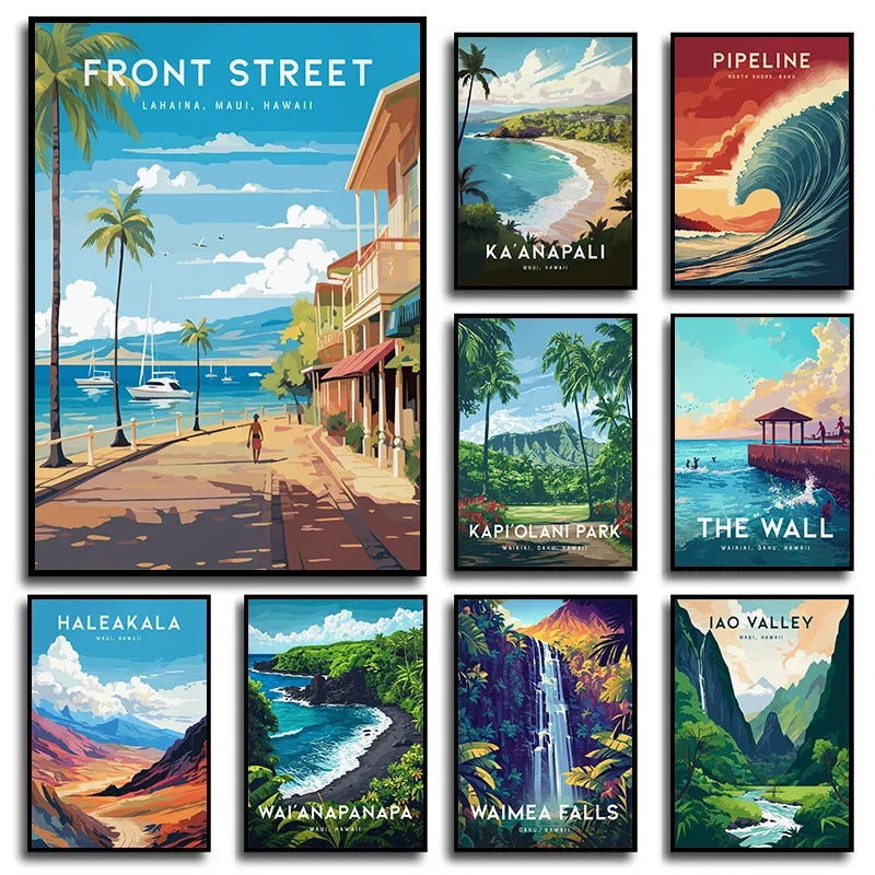Vintage Hawaii Lahaina Beach Landscape Canvas Wall Art Poster