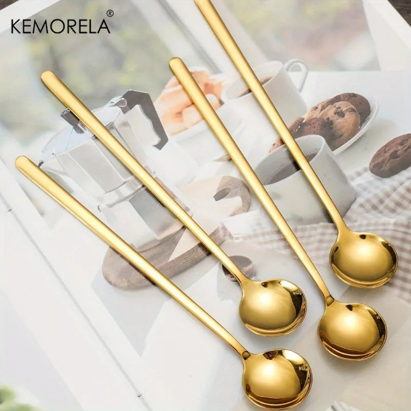 4-Piece Long Handle Stainless Steel Spoons – Gold & Silver
