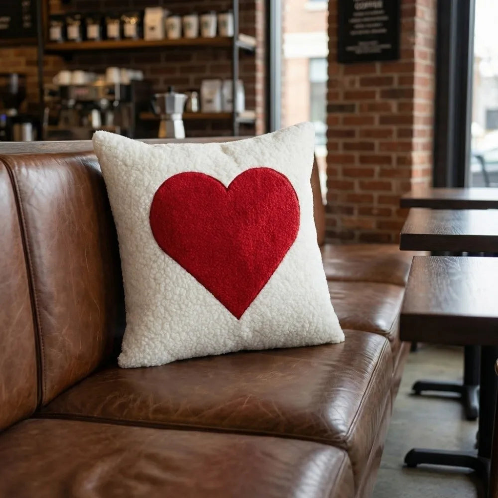 Heart Pattern Embroidered Throw Pillow Cover 45cm – Red & White