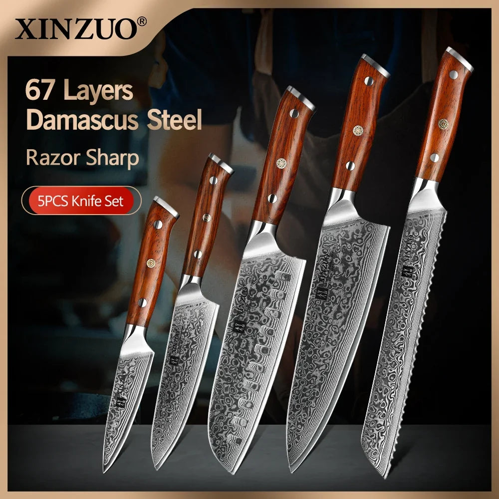 XINZUO 5-Piece Damascus Steel Knife Set | 67-Layer Rosewood