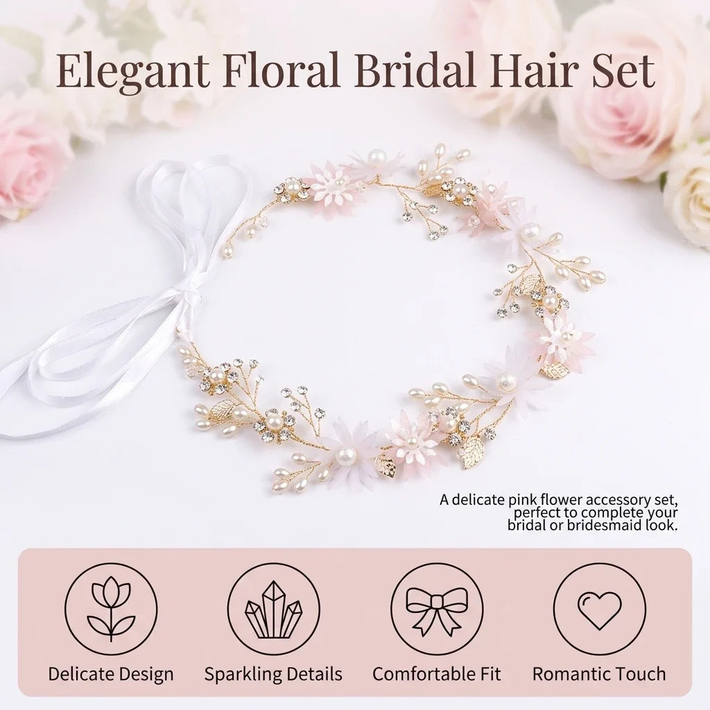 Bridal Pink Flower Headband & Hairpin Set | Wedding Hair Accessories