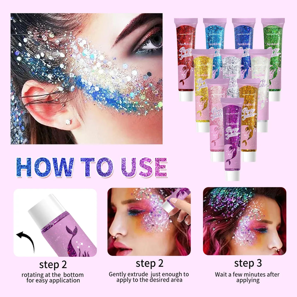 10-Piece Face & Body Glitter Gel Set – Festival Carnival Makeup