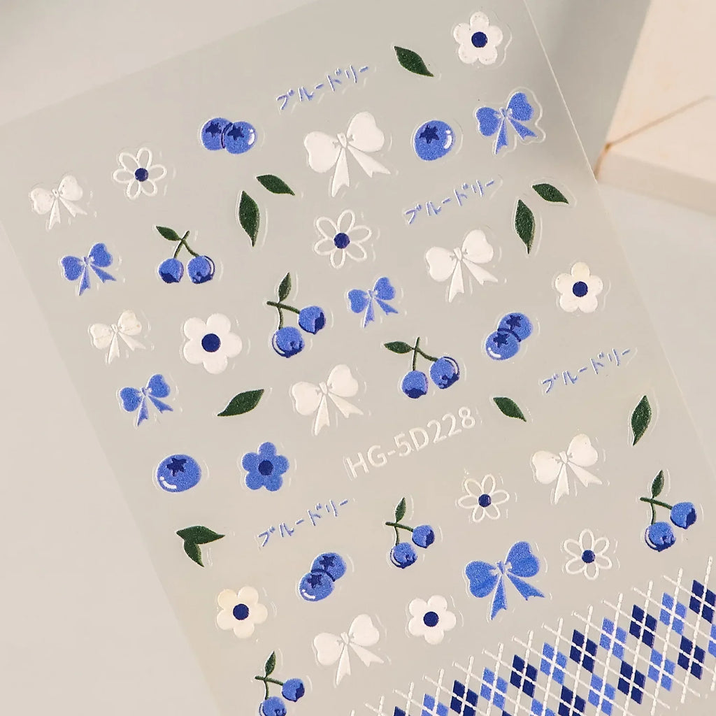 Blueberry Floral Nail Stickers | Blue White Bow Manicure Decals