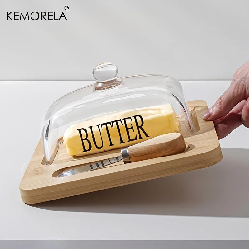 KEMORELA Wood Butter Dish with Glass Lid & Knife | Cheese Plate