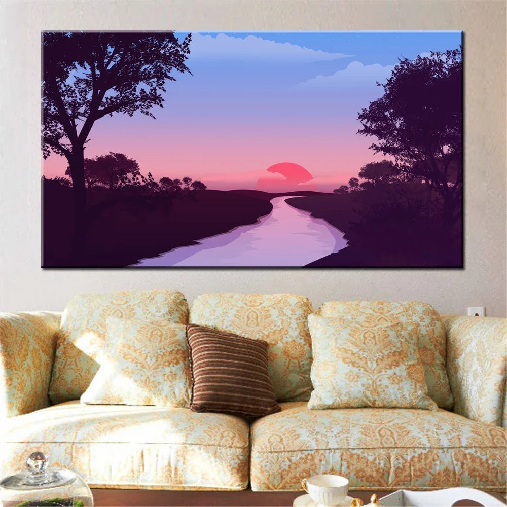 Sunset River Canvas Wall Art | Unframed Scenery Poster