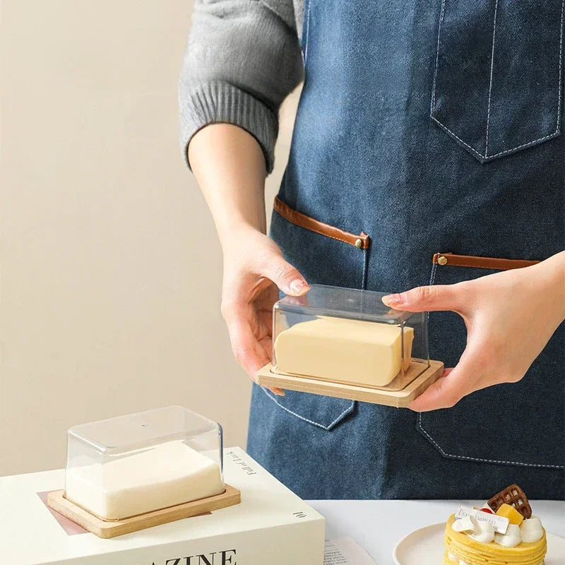Countertop Bamboo Butter Dish Plate Transparent Acrylic Lid Nordic