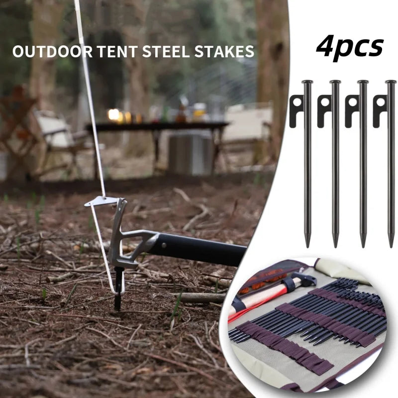 Forged Steel Tent Pegs – Heavy Duty 40cm Ground Stakes 4-Pack