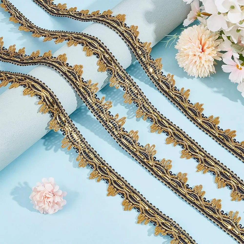 18 Yards Black & Gold Metallic Lace Ribbon Trim | Upholstery