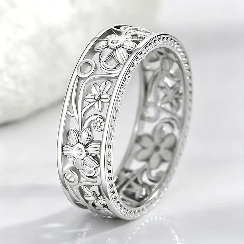 Huitan Silver Hollow Floral Ring – Women's Wedding Band