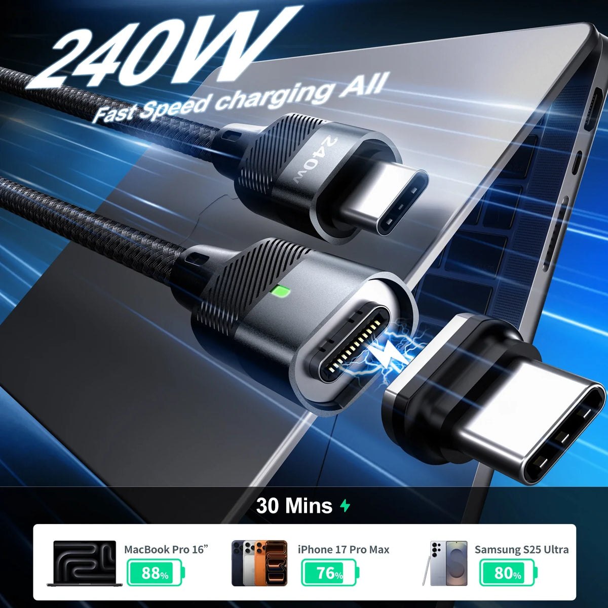 240W Magnetic USB-C Cable with Dust Plug | Fast Charging