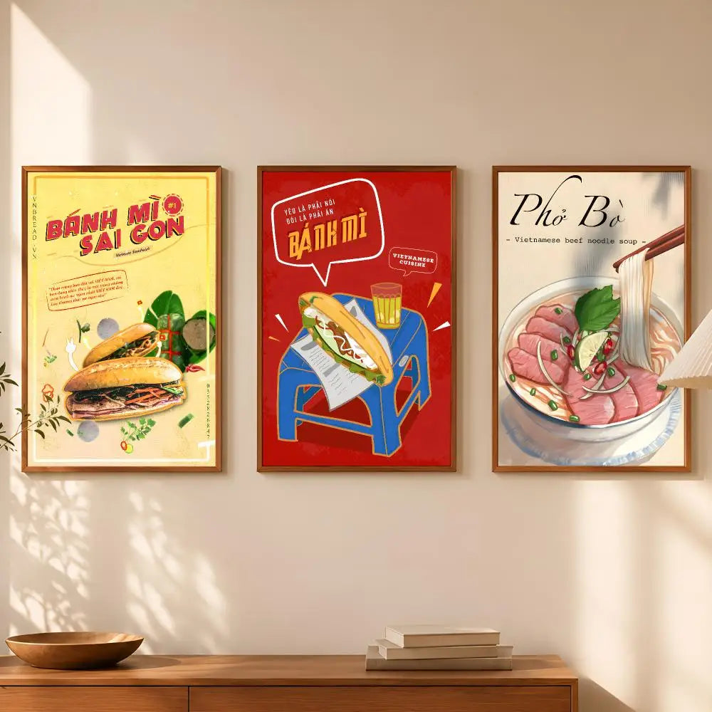Vietnam Food Art Wall Poster – Banh Mi & Pho Self-Stick Decor