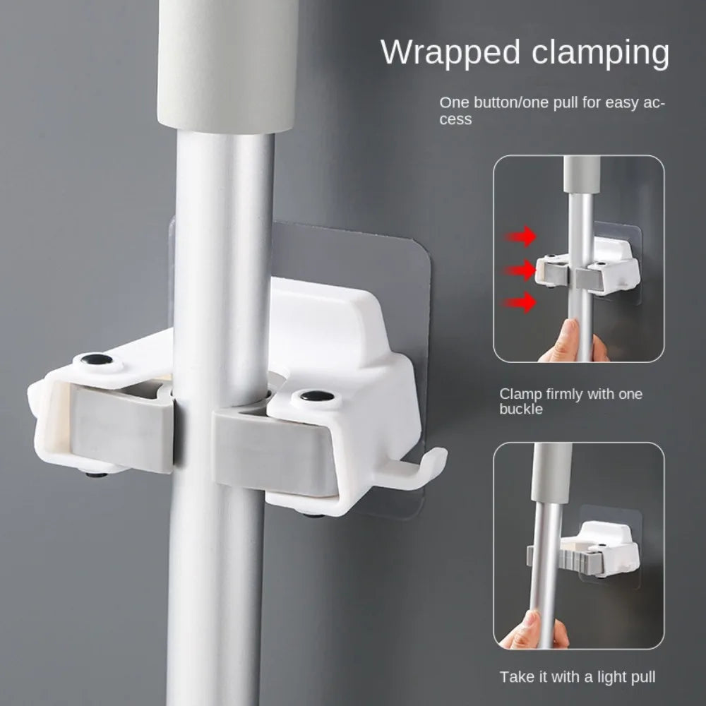 Punch-Free Wall-Mounted Mop Holder Rack with Hook | ABS Clamp
