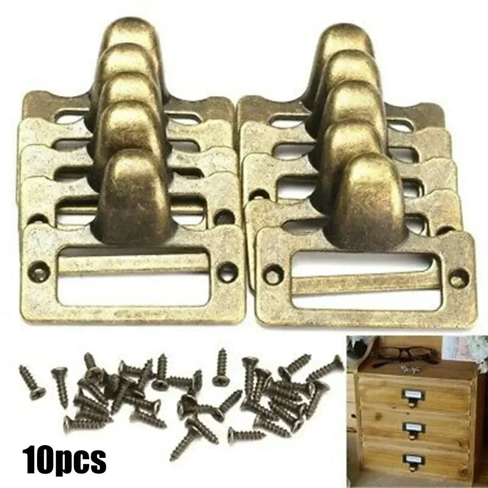 10-Pack Antique Brass Label Pulls 48x35mm | Cabinet Name Card Holders