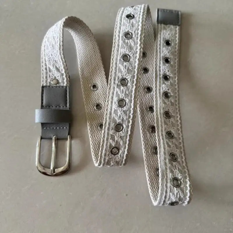 Vintage Lace Canvas Belt for Women – Metal Buckle 110cm