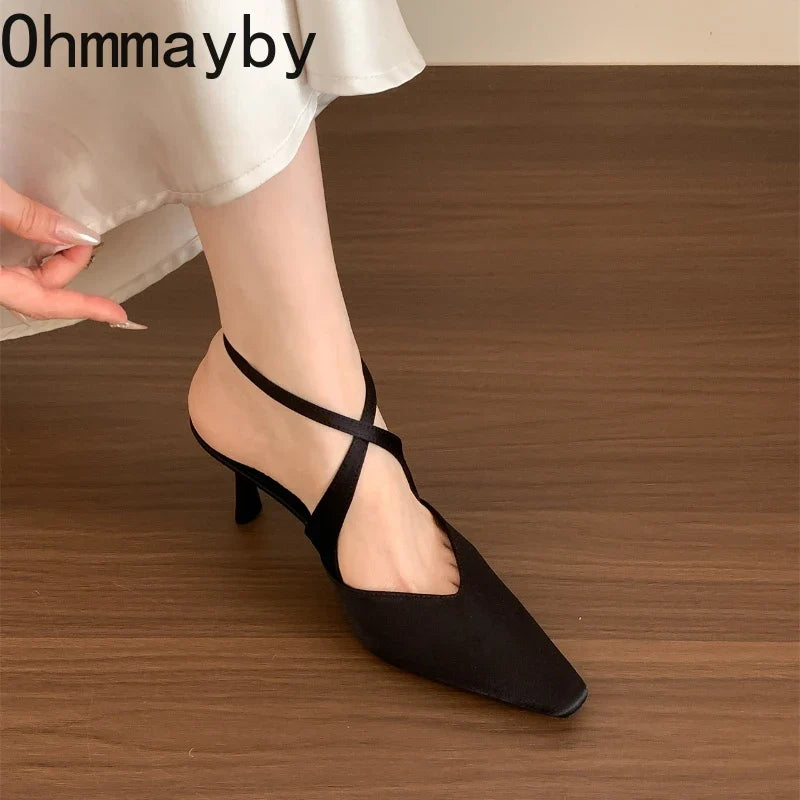 Women's High Heel Sandals – Cross Ankle Strap Square Heel Pumps