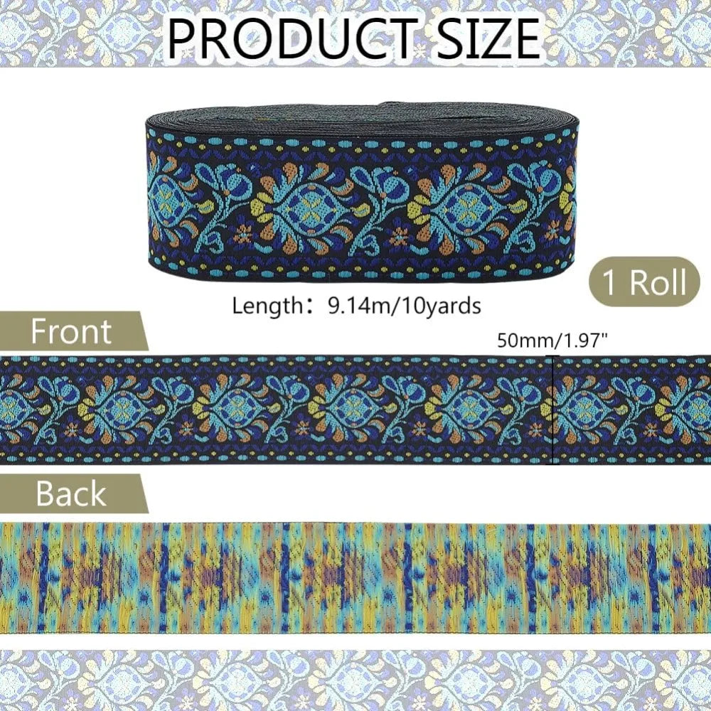 Ethnic Jacquard Flower Ribbon Sky Blue 2 inch – 10 Yards Sewing