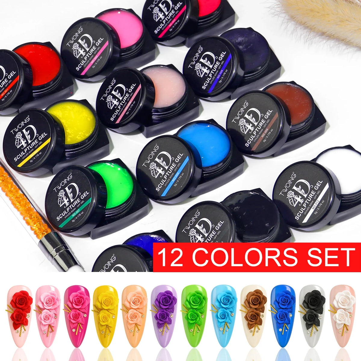 TWOING 12 Colors Non Sticky Soak Off Sculpture Gel Pen 3D 4D Nail Art