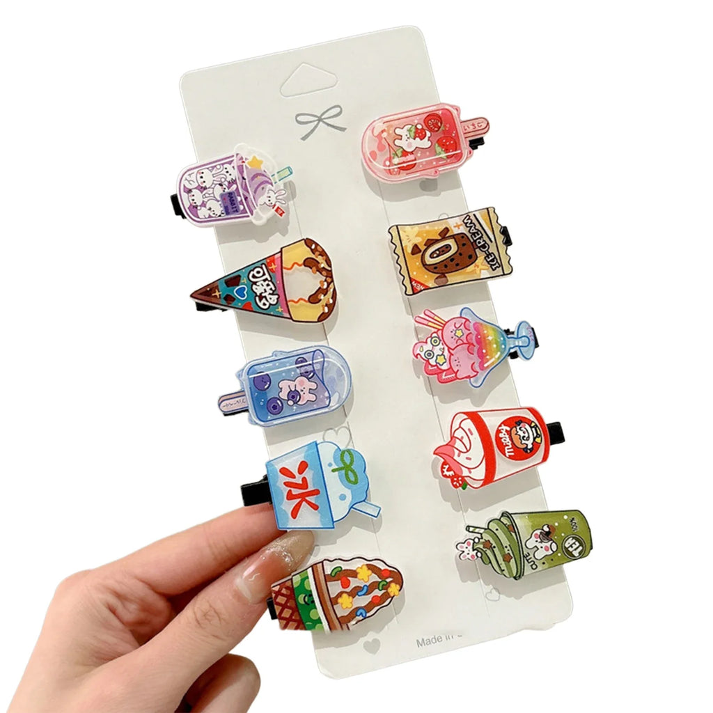 Cartoon Print Hair Barrettes for Women – 10pc Resin Clips