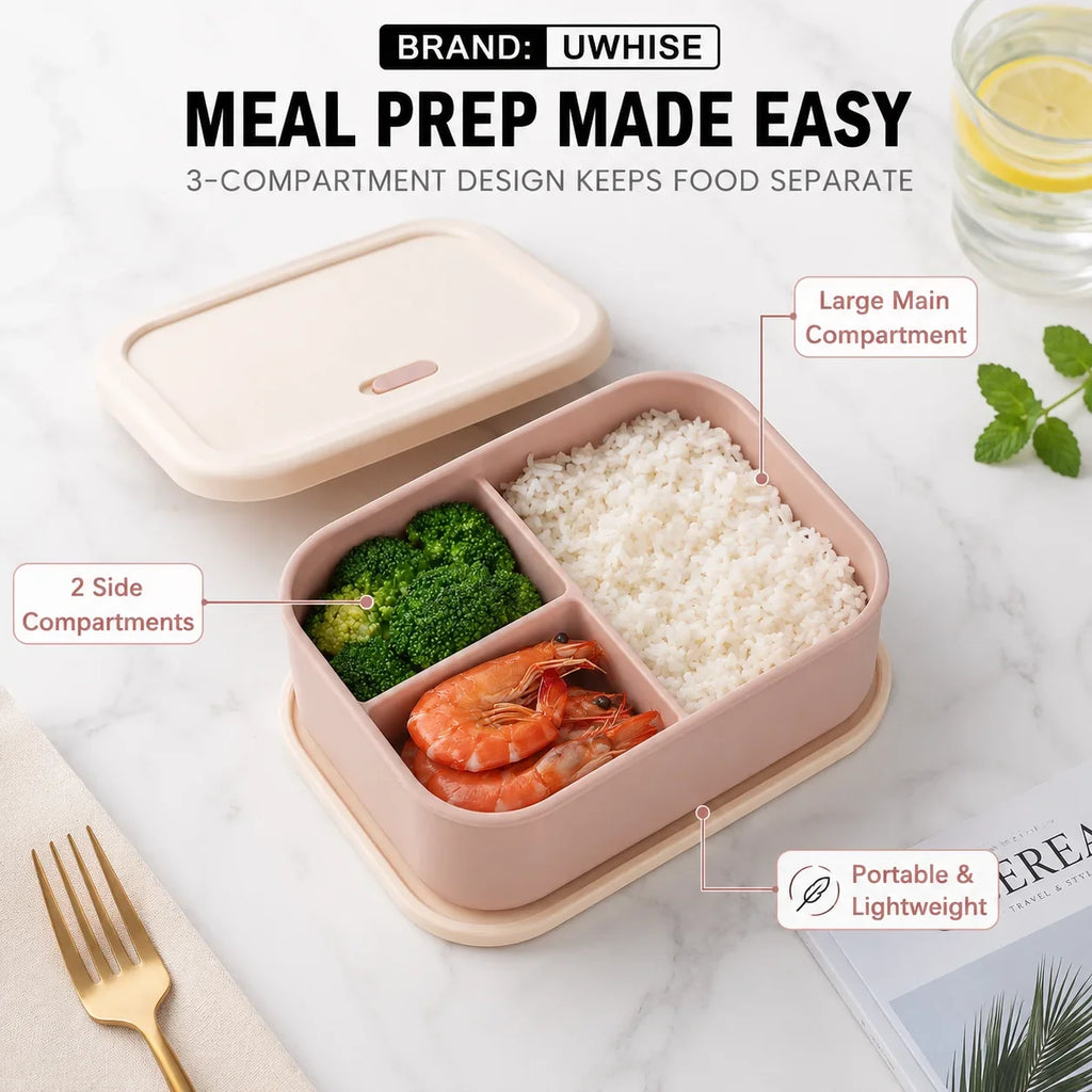 UWHISE Silicone Bento Box 3-Compartment Microwave Safe Lunch Box
