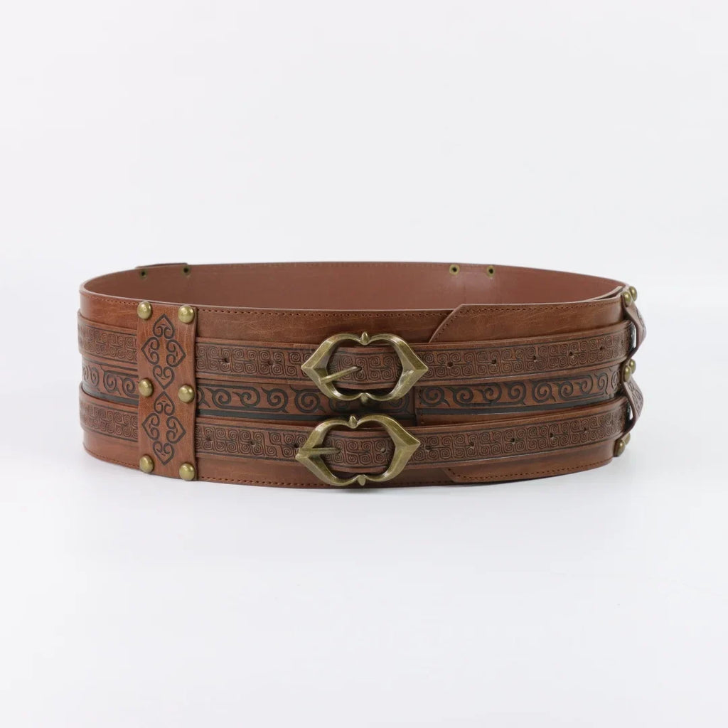 Viking Embossed Wide Waist Sash Medieval Double Buckle Leather