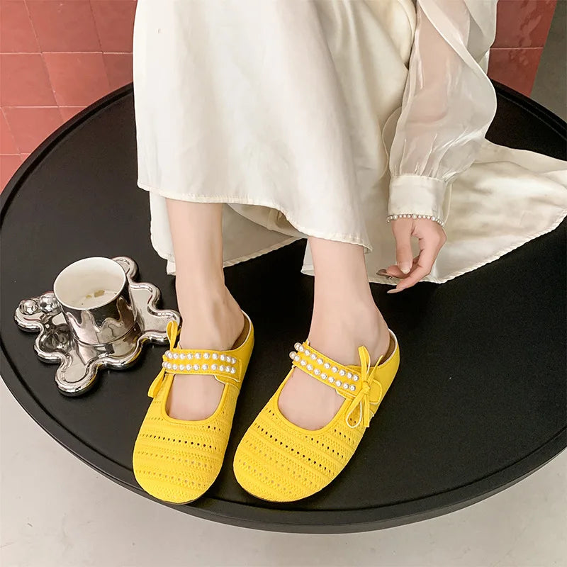 Women's Hollow Knit Bohemian Slippers – Beaded Bow Loafers