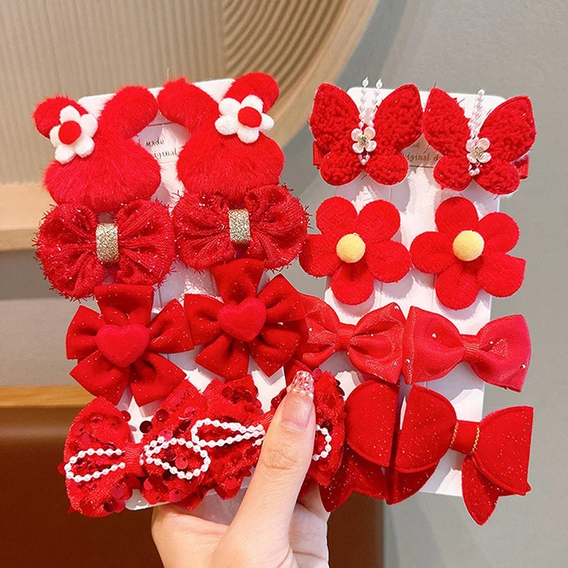 8-Piece Girls Red Bow Hair Clips – Handmade Ribbon Barrettes
