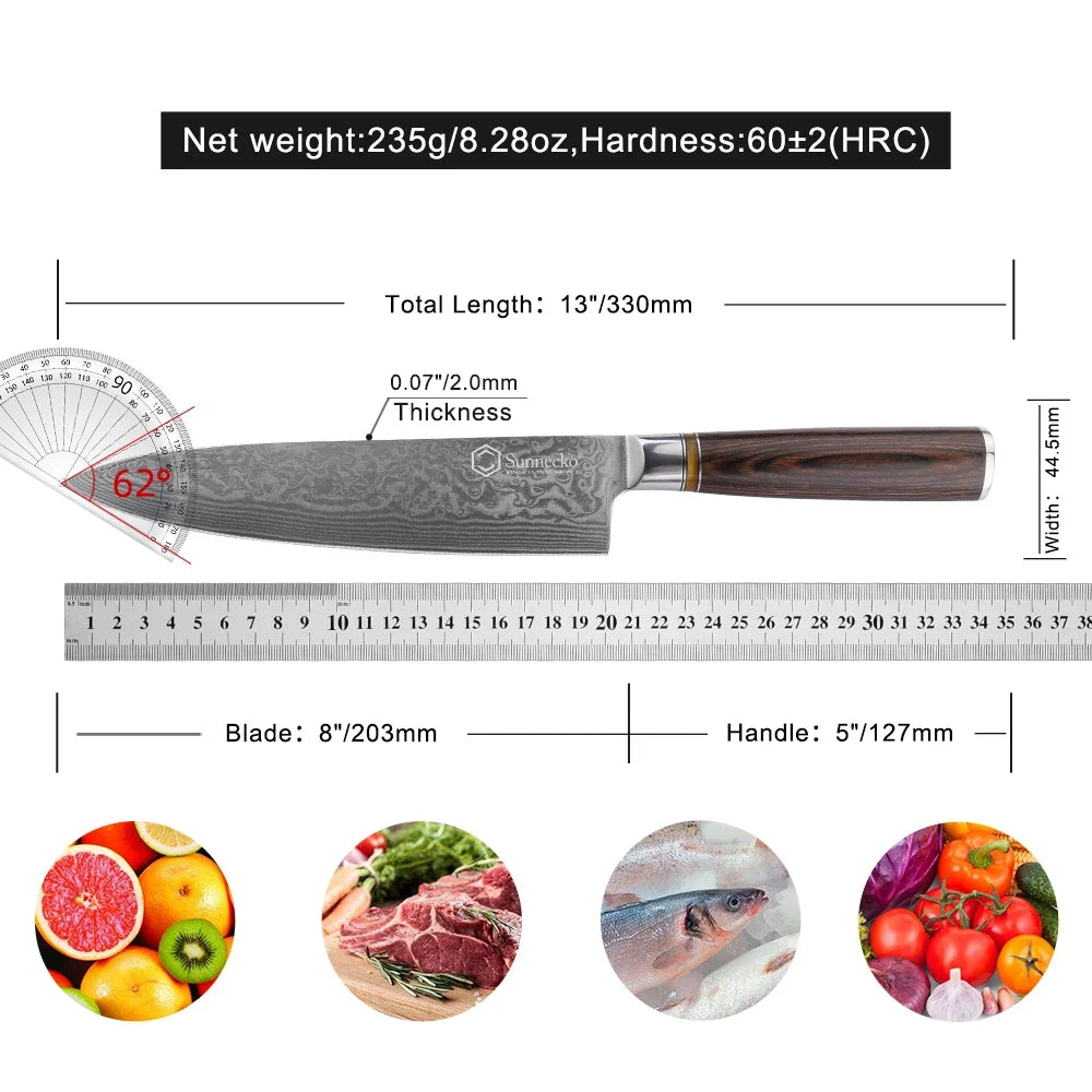 Sunnecko 8" Damascus Chef's Knife – VG10 Japanese Steel