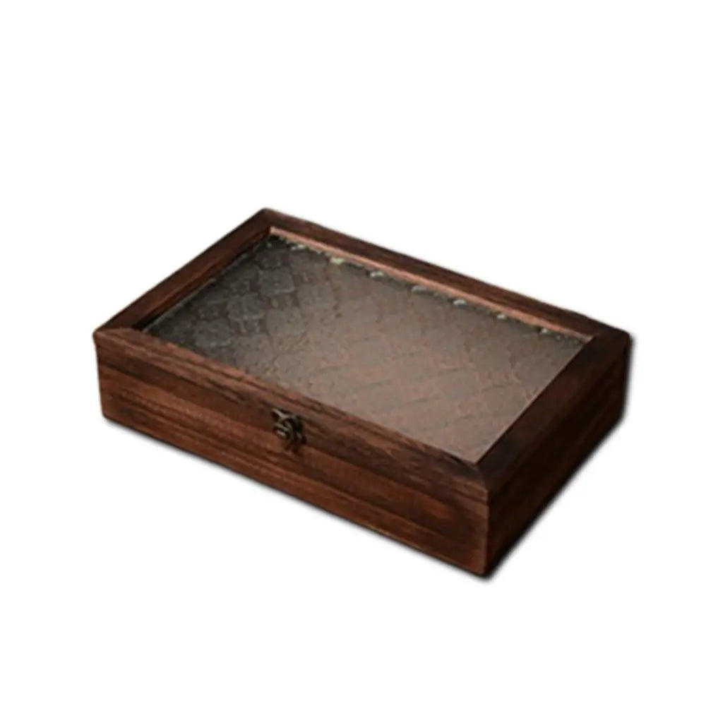 Vintage Wooden Jewelry Box with Floral Glass Lid | Trinket Storage