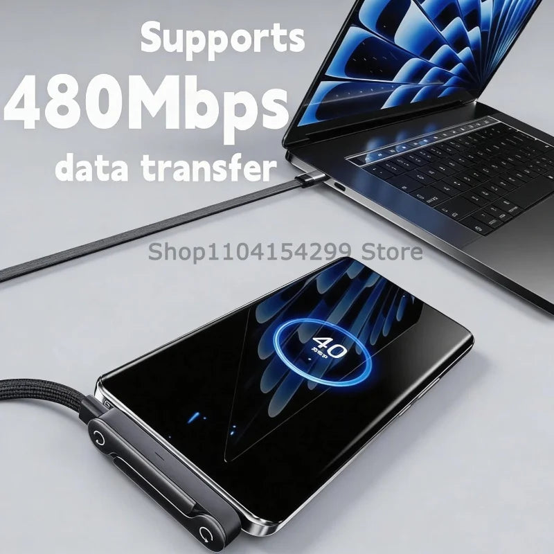 240W USB-C Flat Cable with Foldable Phone Stand Holder