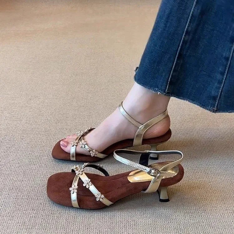 Women's Flower Buckle Peep Toe Low Heel Sandals | Party Shoes