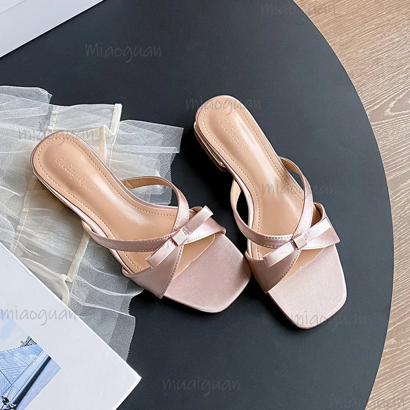 Women's Bow Low Heel Sandals – Summer Slip-On Party Shoes