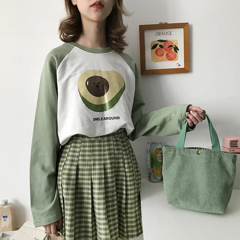Lunch Bag Corduroy Canvas Box Drawstring Picnic Tote Eco Cotton Cloth