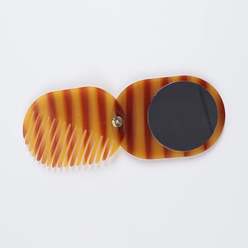 2-in-1 Folding Mirror Comb | Acetate Pocket Travel Hair Brush