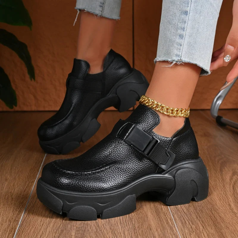 UXST Women's Retro Platform Sneakers – Buckle Leather Shoes