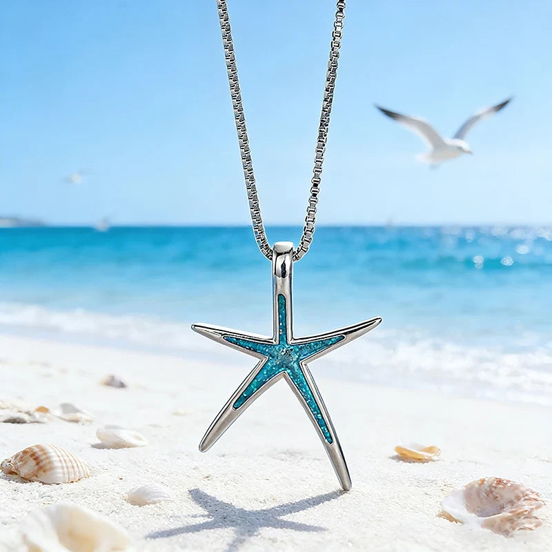 Huitan Blue Starfish Pendant Necklace – Boho Beach Jewelry
