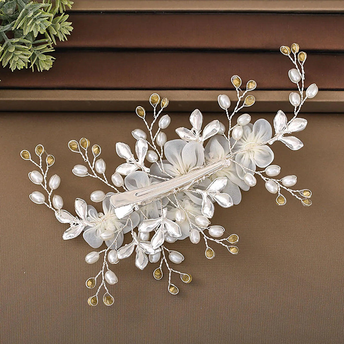 White Flower Hair Clip with Rhinestones & Pearls | Floral Hairpin