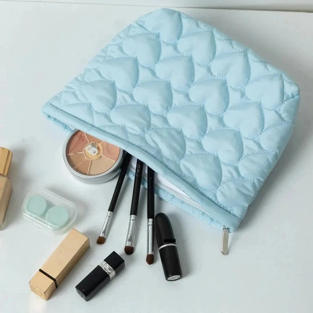 Korean Heart Quilted Cosmetic Bag | Large Capacity Makeup Organizer